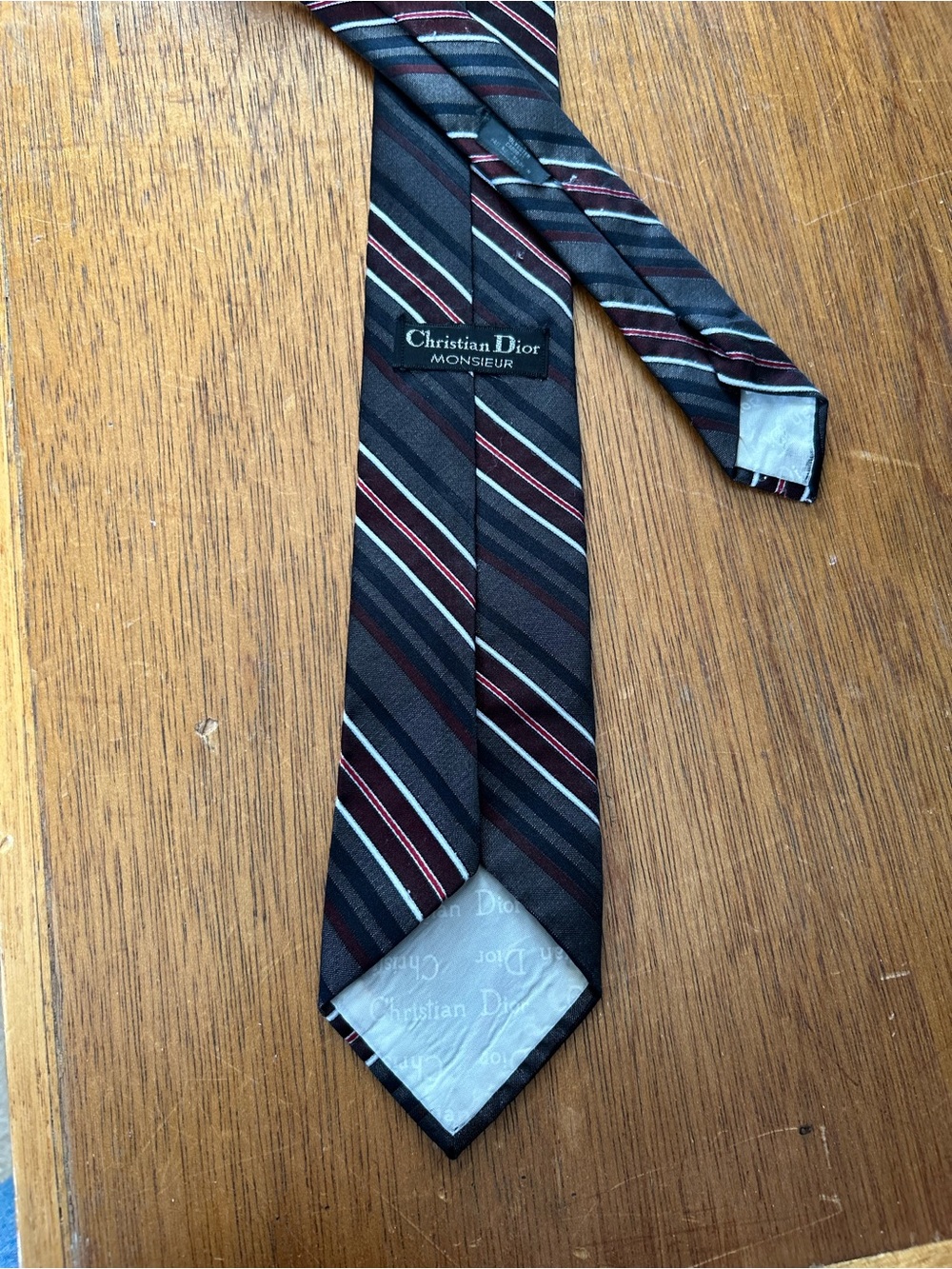 Dior Monsieur Striped Polyester Tie in Black, Red and Gray